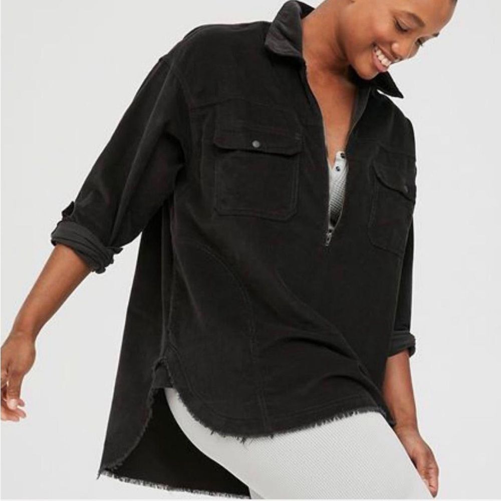 Offline by Aerie Black Corduroy Quarter Zip Oversized Jacket Size Large